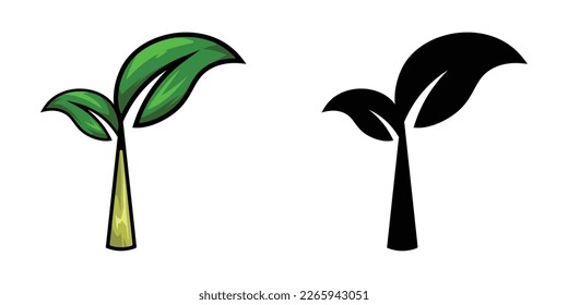 set of plants silhouette icon. nature, plant, tree, seed, grass, wood, banana tree, leaf, leaves, trunk, twig, branch, green, black, white, vector illustration.