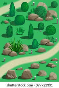 Set of plants and stones for landscaping in vector graphics
