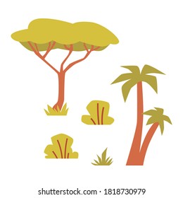 Set of plants and trees in african savannah. Exotic flora of Africa. Flat vector illustration isolated on a white background.