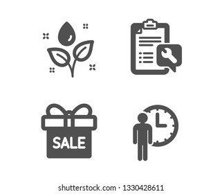 Set of Plants watering, Sale offer and Spanner icons. Waiting sign. Water drop, Gift box, Repair service. Service time.  Classic design plants watering icon. Flat design. Vector