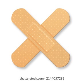 Set of plaster. Bandage cross, sticker for social networks and icon for site. Treatment of open wounds and protection against infections. Cartoon flat vector illustrations isolated on white background