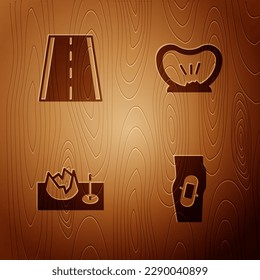 Set Plaster on leg, Bicycle lane, street ramp and punctured tire on wooden background. Vector