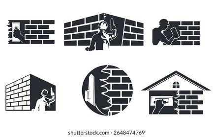 set of Plastering logo, trowel plastering with stacked brick design icon vector template