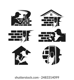 set of Plastering template logo design. illustration of trowel plastering with stacked brick 