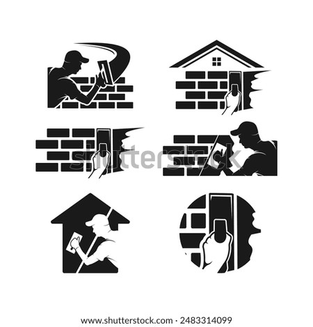 set of Plastering template logo design. illustration of trowel plastering with stacked brick 