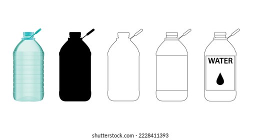 Set of plastic 5 litre or gallon bottles drawn in different styles: contour, silhouette, black and white, with label, and drawing