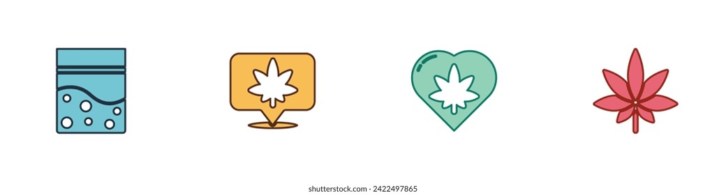 Set Plastic bag of cannabis, Location and, Marijuana leaf in heart and or icon. Vector