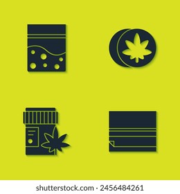 Set Plastic bag of cannabis, Rolling paper, Medical bottle with marijuana and Herbal ecstasy tablets icon. Vector