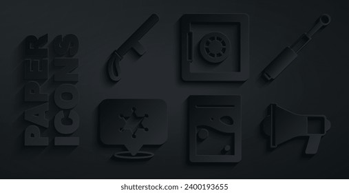 Set Plastic bag of drug, Telescopic baton, Hexagram sheriff, Megaphone, Safe and Police rubber icon. Vector