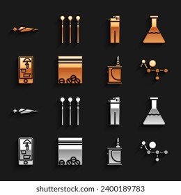 Set Plastic bag of drug, Test tube and flask, Cannabis molecule, Electronic cigarette, Buying drugs online phone, Lighter, Marijuana joint and Matches icon. Vector