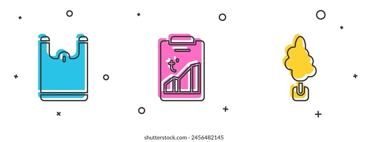 Set Plastic bag, Global warming and Tree icon. Vector