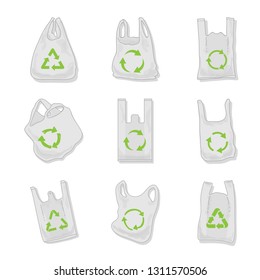 Set of plastic bag hand drawing with recycle symbol. Reuse of plastic bags to reduce plastic waste Pollution problem concept. Vector illustration.