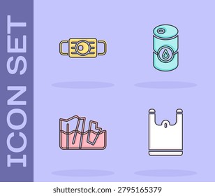 Set Plastic bag, Medical protective mask, Glacier melting and Barrel oil icon. Vector