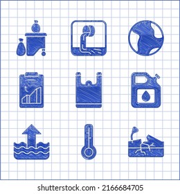 Set Plastic bag, Meteorology thermometer, Earthquake, Canister for gasoline, Rise water level, Global warming, globe and Full dustbin icon. Vector
