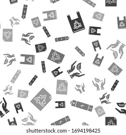 Kunststoffbeutel mit Recycling, Battery, Sprout in Hand mit Umweltschutz und Papier mit nahtlosem Recycling. Vektorillustration