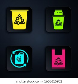 Kunststoffbeutel mit Recycling, Recycling-Papierkorb mit Recyclingsymbol, Bio-Kraftstoffbehälter und Dose. Schwarze Quadrat-Taste. Vektorillustration