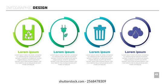 Set Plastic bag with recycle, Electric saving plug in leaf, Trash can and Cloud with rain. Business infographic template. Vector