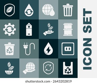 Set Plastic bag with recycle, Electrical outlet, Barrel, Earth planet in water drop, Battery, Gear and arrows workflow, Shield leaf and Plant hand icon. Vector