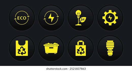 Set Bolsa de plástico con reciclaje, engranajes y rayos, papelera, papel, hoja de bombilla, perno de relámpago, led y etiqueta para el icono ecológico de alimentos saludables. Vector