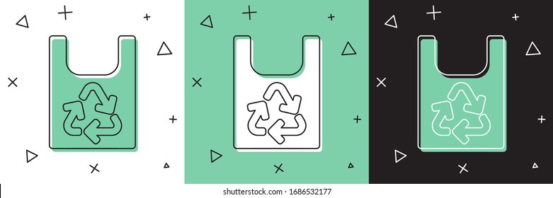 Set Plastic bag with recycle icon isolated on white and green, black background. Bag with recycling symbol.  Vector Illustration