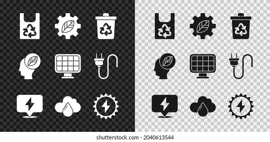 Set Plastic bag with recycle, Leaf plant in gear machine, Recycle bin, Lightning bolt, Cloud rain, Solar energy panel, Human head leaf inside and  icon. Vector