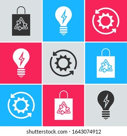 Set Plastic bag with recycle, Light bulb with lightning symbol and Solar energy panel icon. Vector
