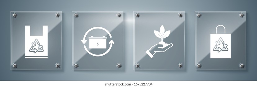 Colocar bolsa de plástico con reciclador, Planta en mano de protección medioambiental, Batería con símbolo de reciclaje y Bolsa de plástico con reciclaje. Paneles de vidrio cuadrado. Vector