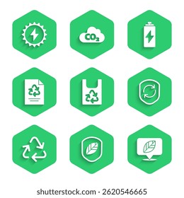 Set Plastic bag with recycle, Shield leaf, Location, Recycle symbol inside shield, Paper, Battery and Solar energy panel icon. Vector