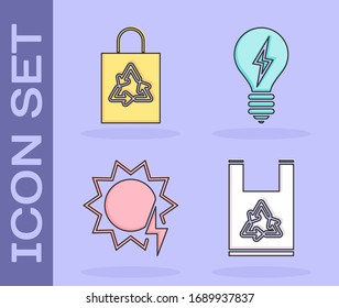 Set Bolsa de plástico con reciclador, Bolsa de plástico con reciclador, Panel de energía solar y Bombilla de luz con icono de símbolo de relámpago. Vector