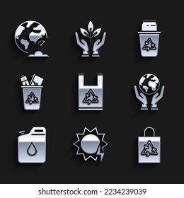 Set Plastic bag with recycle, Solar energy panel, Human hands holding Earth globe, Canister for gasoline, Recycle bin symbol, can and plant icon. Vector
