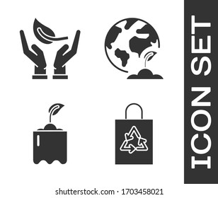 Set Plastic bag with recycle, Sprout in hand of environmental protection, Sprout in bottle and Earth globe and plant icon. Vector