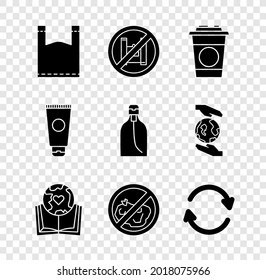 Poner bolsa de plástico, Decir no a bolsos de plástico afiche, vidrio de papel, globo terrestre y libro, Sin basura, Refrescar, Tubo cosmético de crema y Botella de icono de jabón líquido. Vector