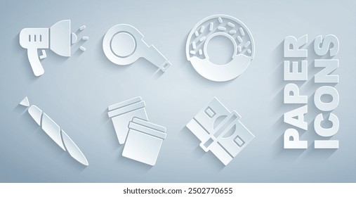 Set Plastic bag with ziplock, Donut, Marijuana joint, Stacks paper money cash, Whistle and Police megaphone icon. Vector