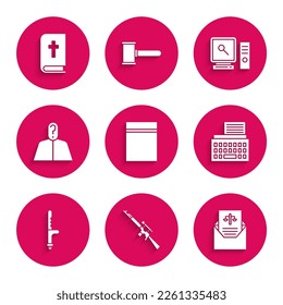Set Plastic bag with ziplock, Sniper rifle scope, Subpoena, Retro typewriter, Police rubber baton, Anonymous question mark, Search computer screen and Holy bible book icon. Vector