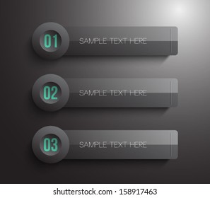 Set of plastic banners with buttons over dark background for business design, infographics, reports, progress, step presentation, number options, websites or workflow layout. Clean and modern style