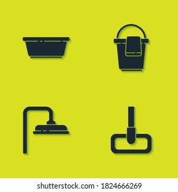 Set Plastic basin, Mop, Shower head and Bucket with rag icon. Vector.
