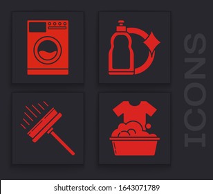 Set Plastic basin with soap suds , Washer , Plastic bottles for liquid dishwashing liquid and Squeegee, scraper, wiper icon. Vector
