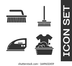 Set Plastic basin with soap suds , Brush for cleaning , Electric iron  and Mop  icon. Vector