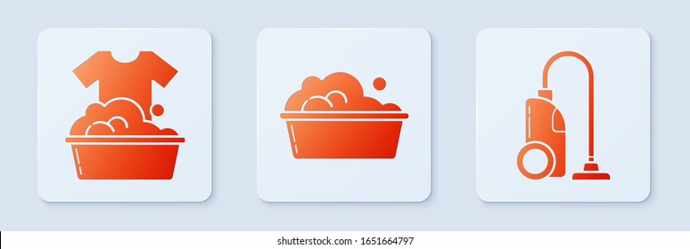 Set Plastic basin with soap suds , Plastic basin with soap suds  and Vacuum cleaner . White square button. Vector