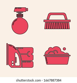 Set Plastic basin with soap suds , Cleaning spray bottle with detergent liquid , Brush for cleaning  and Electric iron and towel  icon. Vector