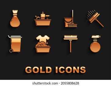 Set Plastic basin with soap suds, Squeegee, scraper, wiper, , Trash can, Mop and bucket, Garbage bag and bottles for liquid dishwashing liquid icon. Vector