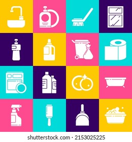 Set Plastic basin with soap suds, Bathtub, Toilet paper roll, Brush for cleaning, Fabric softener, Dishwashing liquid bottle, Washbasin water tap and Trash can and garbage bag icon. Vector