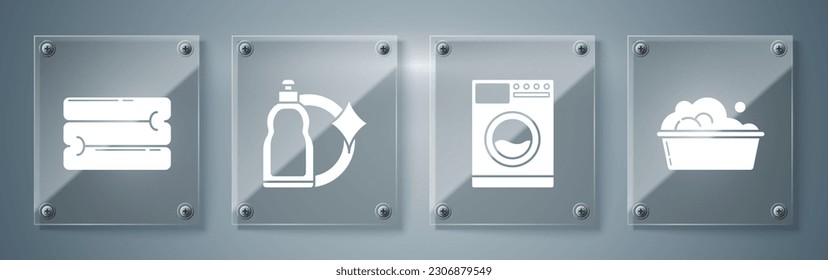 Set Plastic basin with soap suds , Washer , Plastic bottles for liquid dishwashing liquid and Towel stack . Square glass panels. Vector