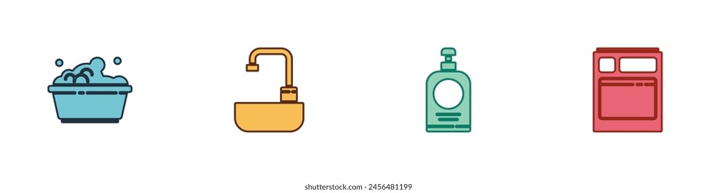 Set Plastic basin with soap suds, Washbasin water tap, Hand sanitizer bottle and Kitchen dishwasher machine icon. Vector