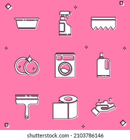 Set Plastic basin, Spray bottle with detergent liquid, Sponge bubbles, Washing dishes, Washer, Fabric softener, Rubber cleaner for windows and Toilet paper roll icon. Vector