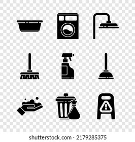 Set Plastic basin, Washer, Shower head, Washing hands with soap, Trash can garbage bag, Wet floor cleaning progress, Handle broom and Spray bottle detergent liquid icon. Vector