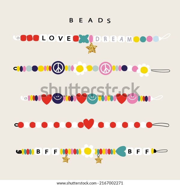 Set of plastic
beads bracelets. Cute simple handmade accessories for girls. Vector
hand drawn illustration.