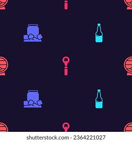 Set Plastic beer bottle, Cold can, Bottle opener and Wooden barrel on rack on seamless pattern. Vector