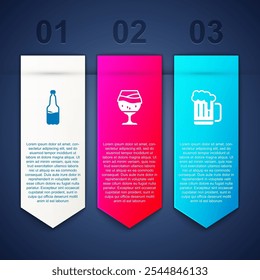 Set Plastic beer bottle, Glass of and Wooden mug. Business infographic template. Vector