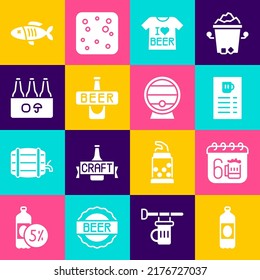 Set Plastic beer bottle, Saint Patricks day calendar, Beer menu, T-shirt, Pack of bottles, Dried fish and Wooden barrel on rack icon. Vector